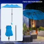 Double-sided Patio Umbrella, 9.5' Outdoor Umbrella with Push Button Tilt and Crank, 3 Air Vents and 12 Ribs, Cyan Blue - Image 8