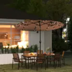 Outsunny Double-sided Patio Umbrella, 9.7 ft. Outdoor Umbrella with 45-Degree Tilt and Crank, LED Solar Light and 12 Ribs, Coffee - Image 2