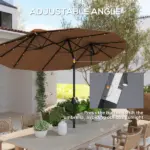 Outsunny Double-sided Patio Umbrella, 9.7 ft. Outdoor Umbrella with 45-Degree Tilt and Crank, LED Solar Light and 12 Ribs, Coffee - Image 4