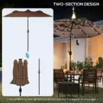 Outsunny Double-sided Patio Umbrella, 9.7 ft. Outdoor Umbrella with 45-Degree Tilt and Crank, LED Solar Light and 12 Ribs, Coffee - Image 8