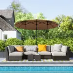 Outsunny Double-sided Patio Umbrella, 9.7 ft. Outdoor Umbrella with 45-Degree Tilt and Crank, LED Solar Light and 12 Ribs, Coffee - Image 10