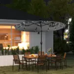 Outsunny Double-sided Patio Umbrella, 9.7' Outdoor Umbrella with Tilt and Crank, LED Solar Light and 12 Ribs, Gray - Image 2