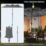 Outsunny Double-sided Patio Umbrella, 9.7' Outdoor Umbrella with Tilt and Crank, LED Solar Light and 12 Ribs, Gray - Image 8