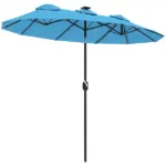 Outsunny Double-sided Patio Umbrella, 9.7 ft Outdoor Umbrella with Tilt and Crank, LED Solar Light and 12 Ribs, Light Blue