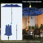 Outsunny Double-sided Patio Umbrella, 9.7 ft Outdoor Umbrella with Tilt and Crank, LED Solar Light and 12 Ribs, Navy Blue - Image 8