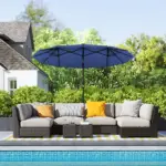 Outsunny Double-sided Patio Umbrella, 9.7 ft Outdoor Umbrella with Tilt and Crank, LED Solar Light and 12 Ribs, Navy Blue - Image 10