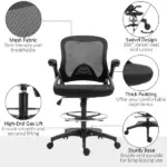 Drafting Chair, Tall Office Chair with Lumbar Support, Flip-Up Armrests, Footrest Ring and Adjustable Seat Height, Black - Image 7