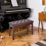 HOMCOM Duet Piano Bench Birchwood and Faux Leather Comfortable Seating for Two Elegant Brown - Image 2