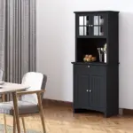 Kitchen Buffet with Hutch, Pantry Storage Cabinet with Framed Glass Door, Drawer, Microwave Space, Black - Image 10