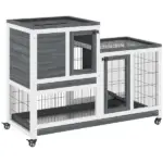 PawHut Elevated Bunny Cage Indoor Rabbit Hutch with Wheels Ramp Removable Tray for Guinea Pigs Gray - Image 11