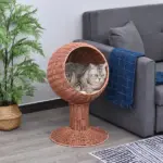 Elevated Cat Bed, Rotatable Egg Chair Pod, Thick Cushion, Natural Mat Grass Woven Kitty House, Brown - Image 2
