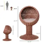 Elevated Cat Bed, Rotatable Egg Chair Pod, Thick Cushion, Natural Mat Grass Woven Kitty House, Brown - Image 3