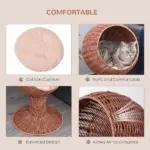 Elevated Cat Bed, Rotatable Egg Chair Pod, Thick Cushion, Natural Mat Grass Woven Kitty House, Brown - Image 5
