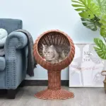 Elevated Cat Bed, Rotatable Egg Chair Pod, Thick Cushion, Natural Mat Grass Woven Kitty House, Brown - Image 7