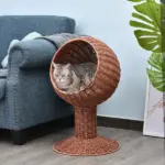 Elevated Cat Bed, Rotatable Egg Chair Pod, Thick Cushion, Natural Mat Grass Woven Kitty House, Brown - Image 10