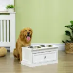 PawHut Elevated Dog Bowls Large Dog Feeder Station with 2 Stainless Steel Bowls Storage Drawer Wood Stand White - Image 2