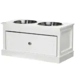 PawHut Elevated Dog Bowls Large Dog Feeder Station with 2 Stainless Steel Bowls Storage Drawer Wood Stand White - Image 11