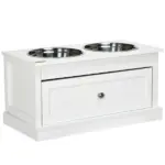 PawHut Elevated Dog Bowls Large Dog Feeder Station with 2 Stainless Steel Bowls Storage Drawer Wood Stand White