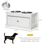 PawHut Elevated Dog Bowls Large Dog Feeder Station with 2 Stainless Steel Bowls Storage Drawer Wood Stand White - Image 3