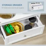 PawHut Elevated Dog Bowls Large Dog Feeder Station with 2 Stainless Steel Bowls Storage Drawer Wood Stand White - Image 5