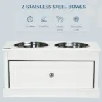 PawHut Elevated Dog Bowls Large Dog Feeder Station with 2 Stainless Steel Bowls Storage Drawer Wood Stand White - Image 6