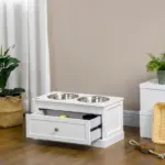 PawHut Elevated Dog Bowls Large Dog Feeder Station with 2 Stainless Steel Bowls Storage Drawer Wood Stand White - Image 9