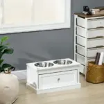 PawHut Elevated Dog Bowls Large Dog Feeder Station with 2 Stainless Steel Bowls Storage Drawer Wood Stand White - Image 10
