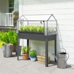 Outsunny Elevated Garden Box with Greenhouse Cover, Raised Garden Bed with Legs and Drainage Hole for Vegetables, Dark Gray - Image 2