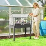 Outsunny Elevated Garden Box with Greenhouse Cover, Raised Garden Bed with Legs and Drainage Hole for Vegetables, Dark Gray - Image 3