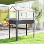 Outsunny Elevated Garden Box with Greenhouse Cover, Raised Garden Bed with Legs and Drainage Hole for Vegetables, Dark Gray - Image 8