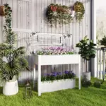 Outsunny Elevated Garden Box with Greenhouse Cover, Raised Garden Bed with Legs and Drainage Hole for Vegetables, White - Image 2