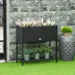 Elevated Metal Garden Bed with Rattan Look and Tool Storage, Modern Design, Black - Image 2