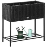 Elevated Metal Garden Bed with Rattan Look and Tool Storage, Modern Design, Black