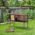 PawHut Elevated Outdoor Rabbit Hutch Wooden Pet House Bunny Cage with Removable Tray 36L x 17.75W x 27.5H Natural - Image 10
