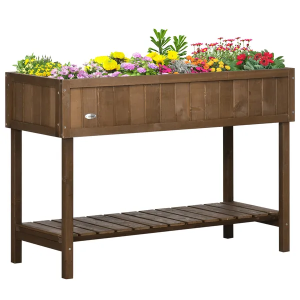 elevated-planter-box-stand-wooden-with-8-slots-and-shelf-dark-brown-for-garden-space-efficiency.webp Outsunny Elevated Planter Box Stand Wooden with 8 Slots and Shelf Dark Brown for Garden Space Efficiency - Image 1