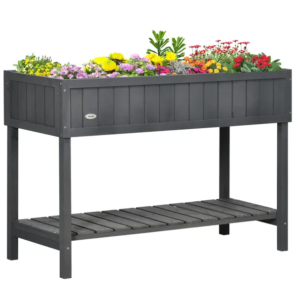 elevated-planter-box-stand-wooden-with-8-slots-and-shelf-dark-grey-for-herbs-veggies-flowers.webp Elevated Planter Box Stand Wooden with 8 Slots and Shelf Dark Grey for Herbs Veggies Flowers - Image 1