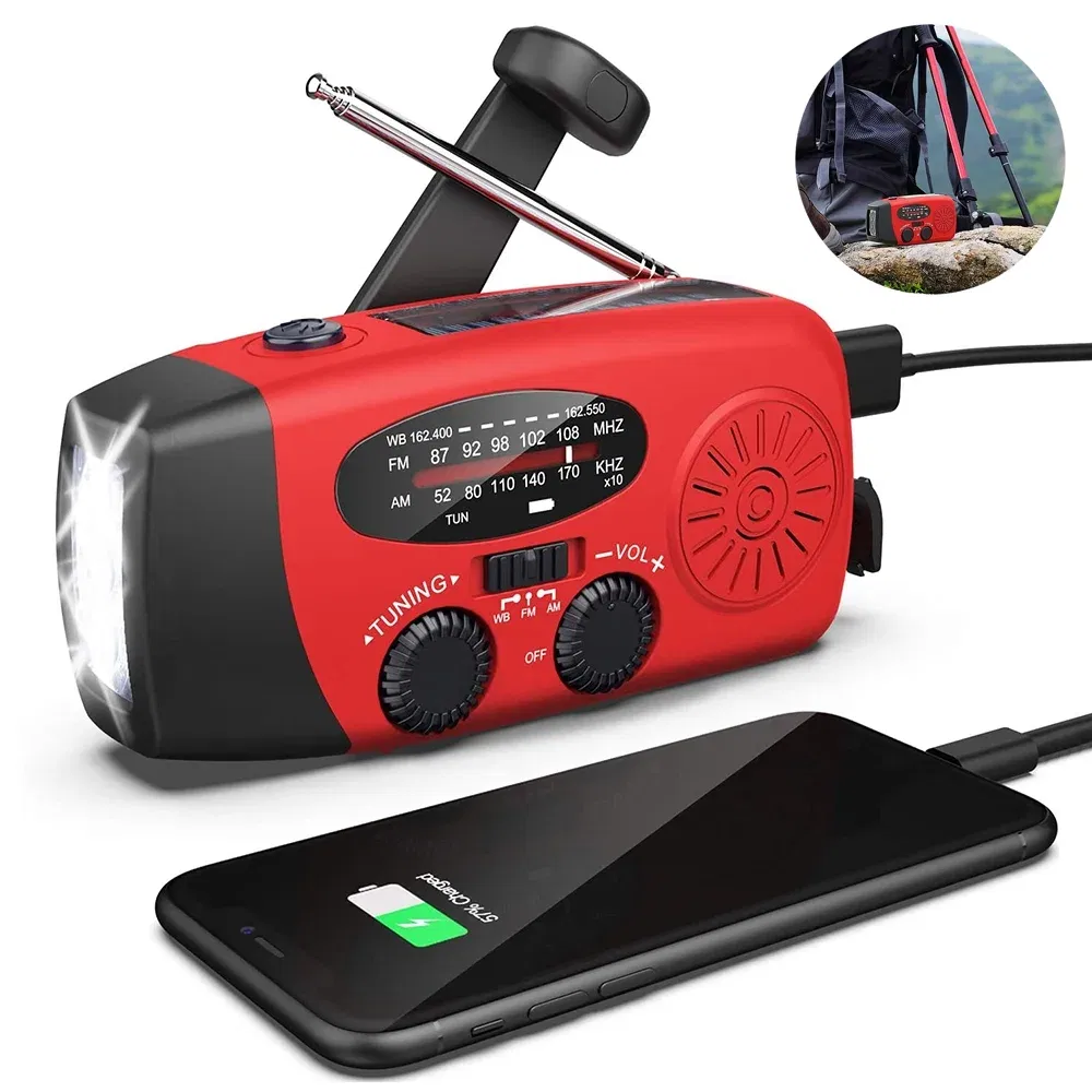 1000mAh Emergency Weather Radio with Hand Crank Solar Power and Flashlight