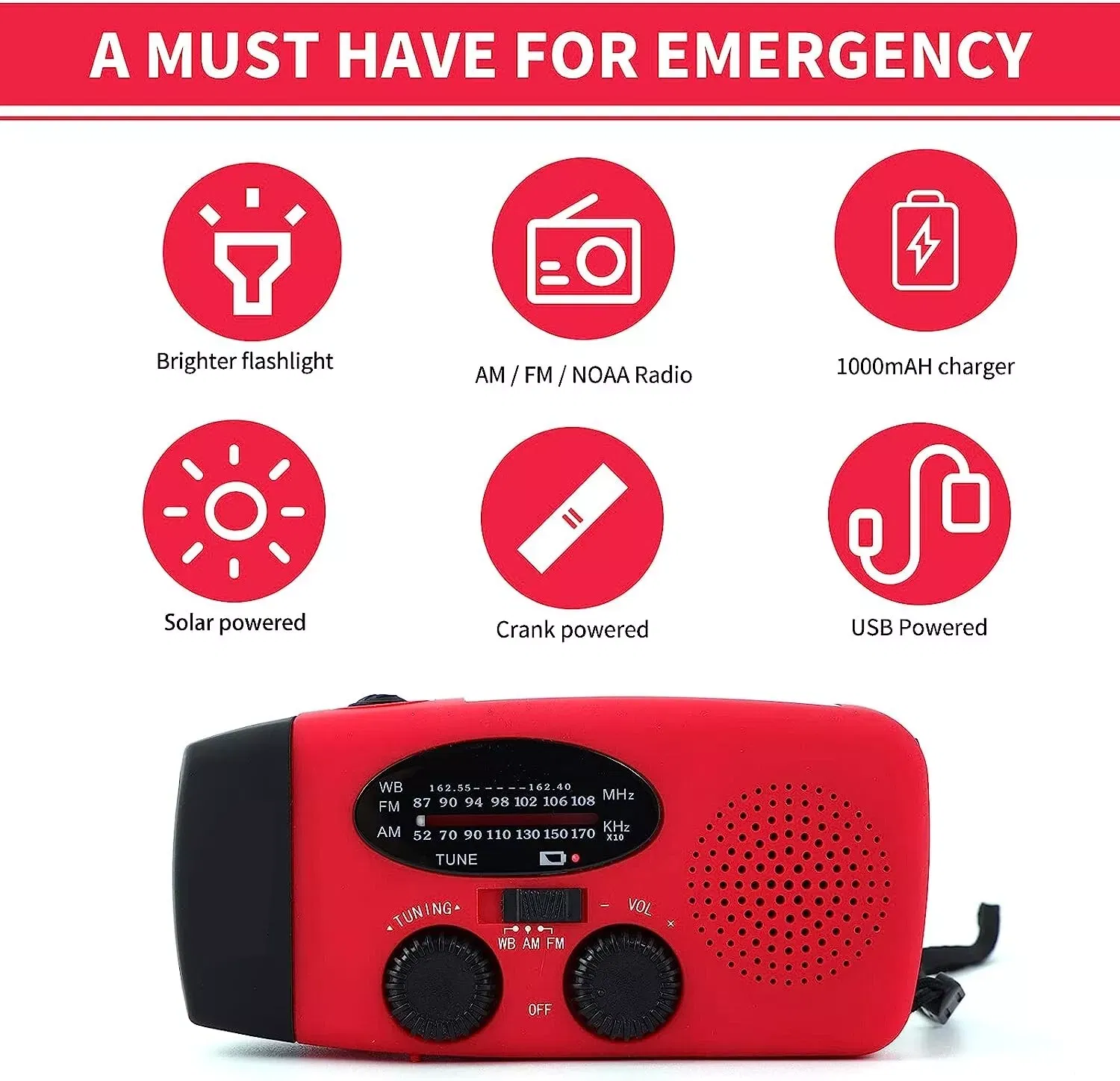 1000mAh Emergency Weather Radio with Hand Crank Solar Power and Flashlight