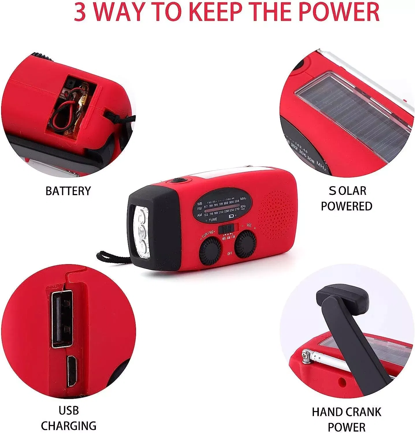 1000mAh Emergency Weather Radio with Hand Crank Solar Power and Flashlight
