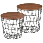 2 Piece Round Nesting End Table Set with Storage, Black and Brown