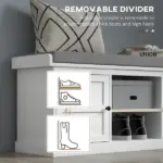 HOMCOM Entrance Shoe Bench with 2 Cabinets, Removable and Washable Cushion and Adjustable Shelf, Bench with Shoe Storage, White - Image 7