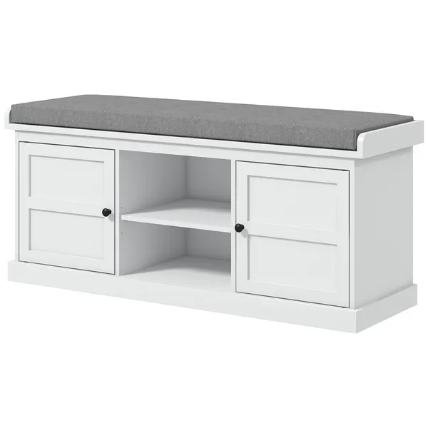 entrance-shoe-bench-with-2-cabinets-removable-and-washable-cushion-and-adjustable-shelf-bench-with-shoe-storage-white.webp HOMCOM Entrance Shoe Bench with 2 Cabinets, Removable and Washable Cushion and Adjustable Shelf, Bench with Shoe Storage, White - Image 1