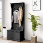 HOMCOM Entryway 3-In-1 Entryway Hall Tree with Storage Bench, Coat Rack with Four Hooks, and Shoe Storage, Black - Image 2