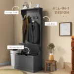 HOMCOM Entryway 3-In-1 Entryway Hall Tree with Storage Bench, Coat Rack with Four Hooks, and Shoe Storage, Black - Image 4