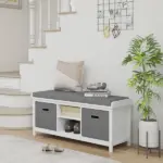 Entryway Bench with Cushioned Seat 2 Drawers White Adjustable Shelf - Image 2