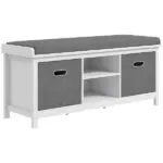 Entryway Bench with Cushioned Seat 2 Drawers White Adjustable Shelf