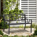 Ergonomic Metal Garden Loveseat - 2-Seater Decorative Outdoor Patio Bench with Backrest and Armrests - Image 2