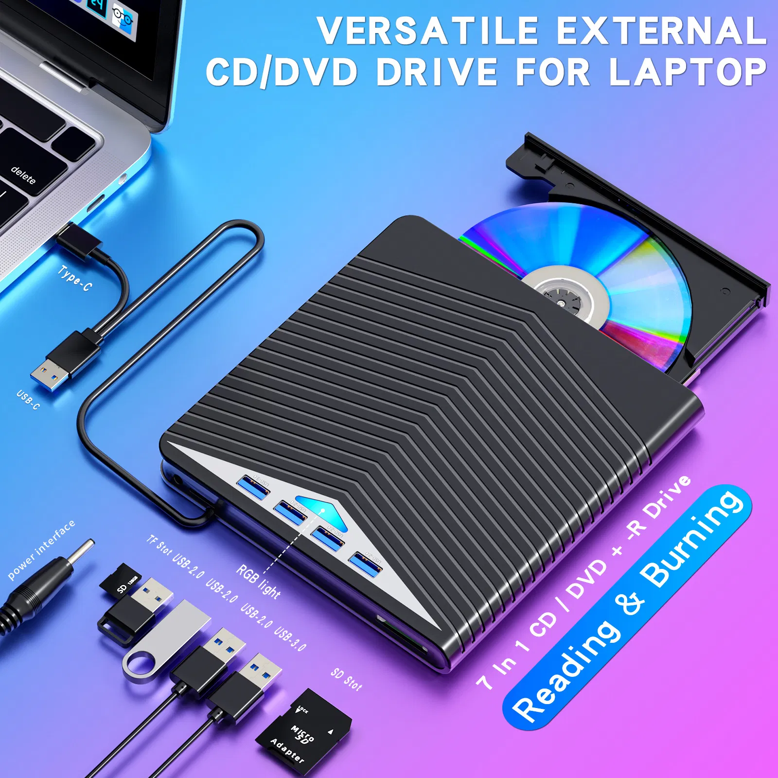 7 in 1 USB 3.0 External CD DVD Drive Burner Reader and USB Hub
