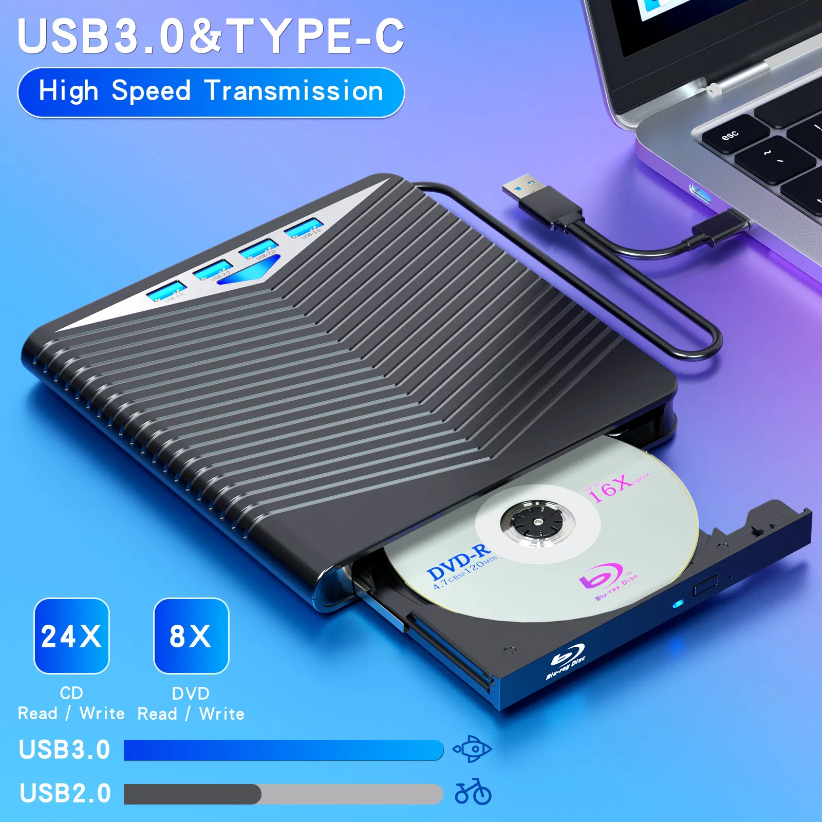 7 in 1 USB 3.0 External CD DVD Drive Burner Reader and USB Hub