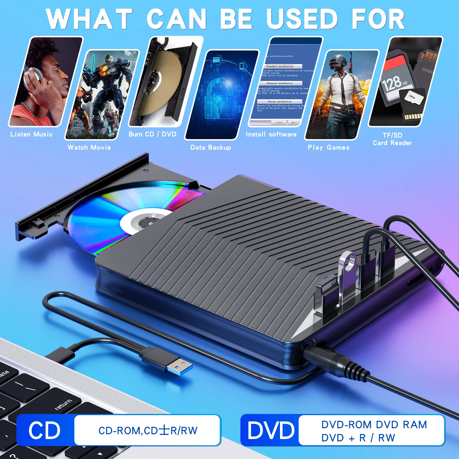 7 in 1 USB 3.0 External CD DVD Drive Burner Reader and USB Hub